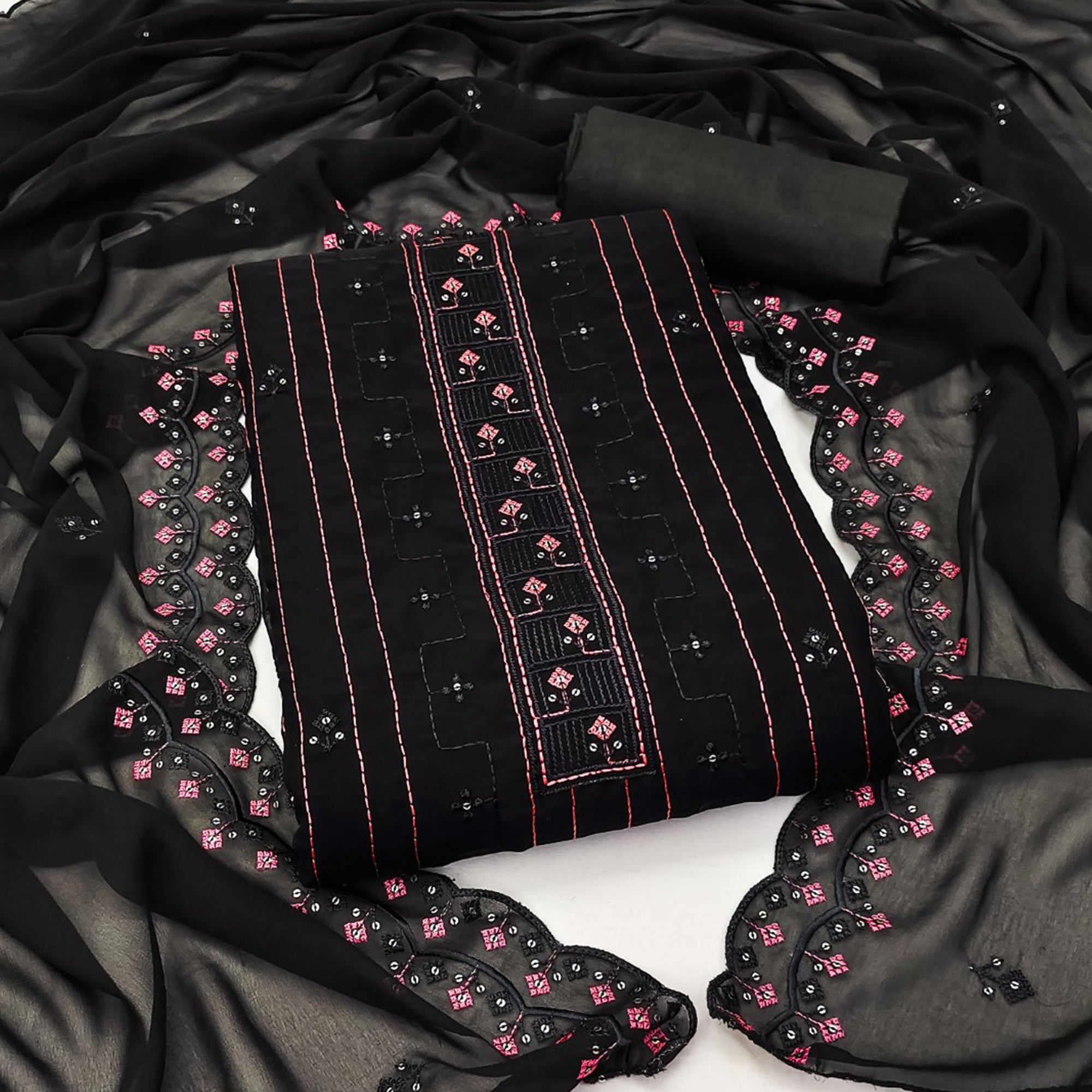 Black Sequins Embroidered Georgette Dress Material