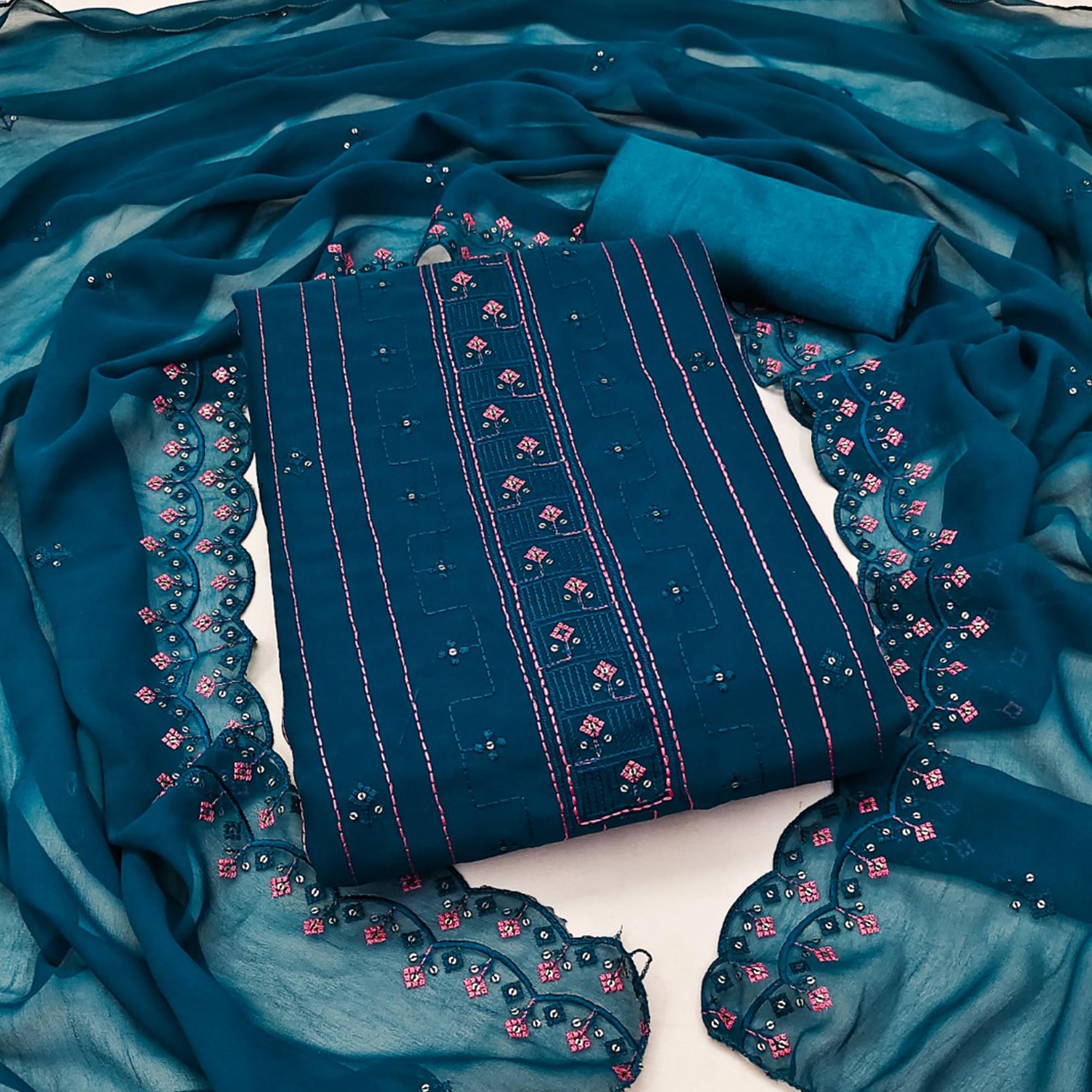 Blue Sequins Embroidered Georgette Dress Material