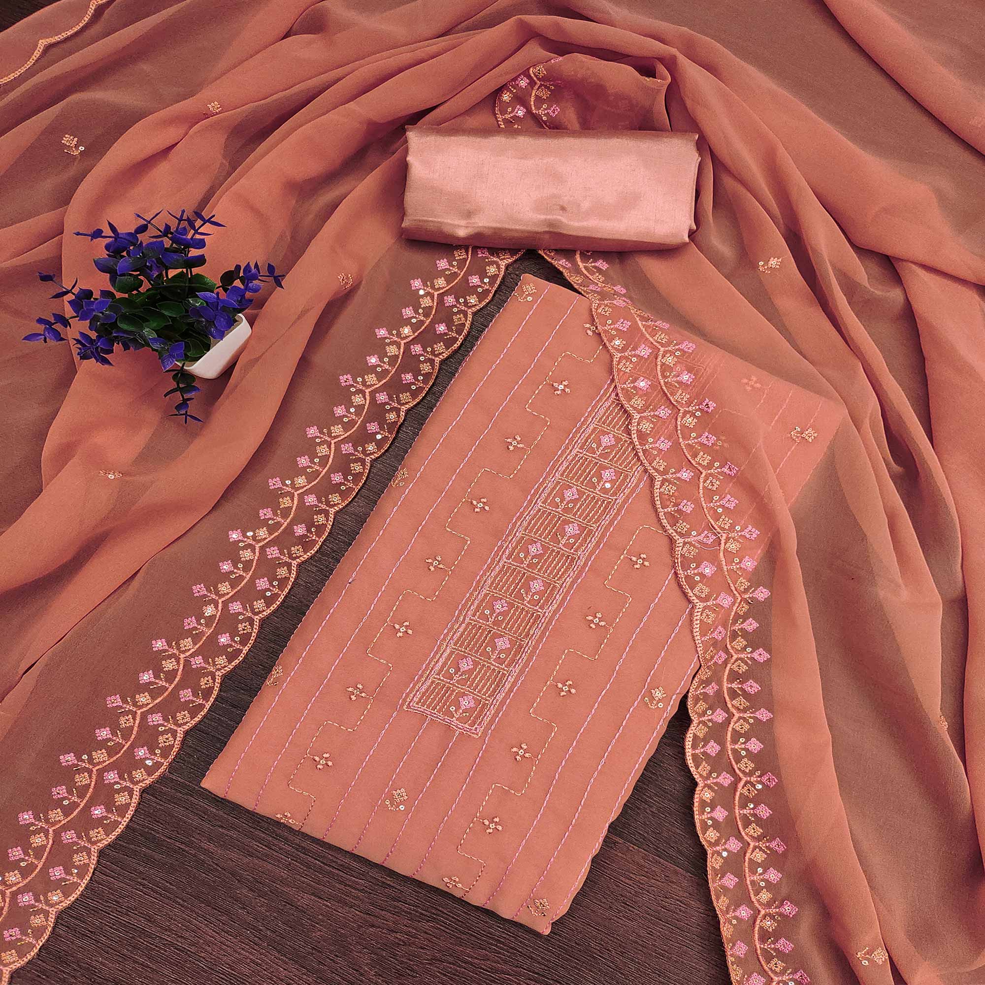 Dusty Orange Sequins Embroidered Georgette Dress Material