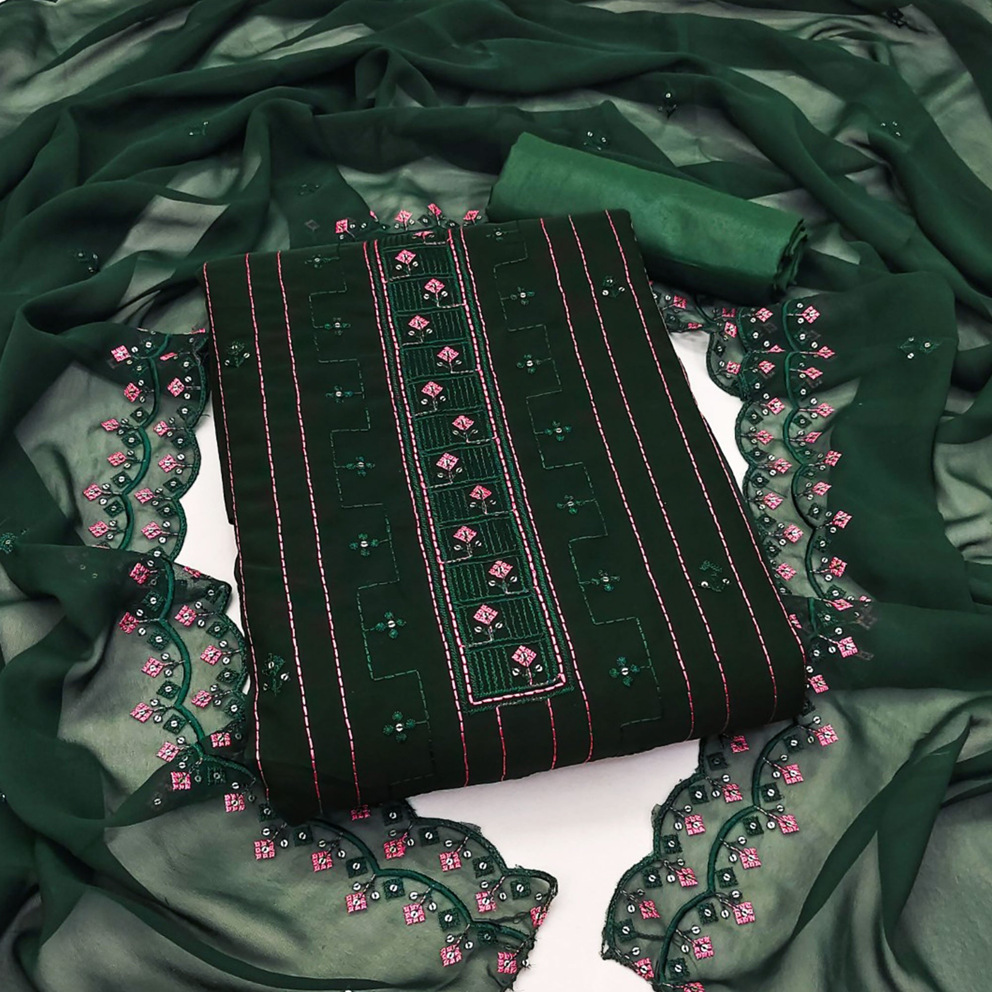 Green Sequins Embroidered Georgette Dress Material