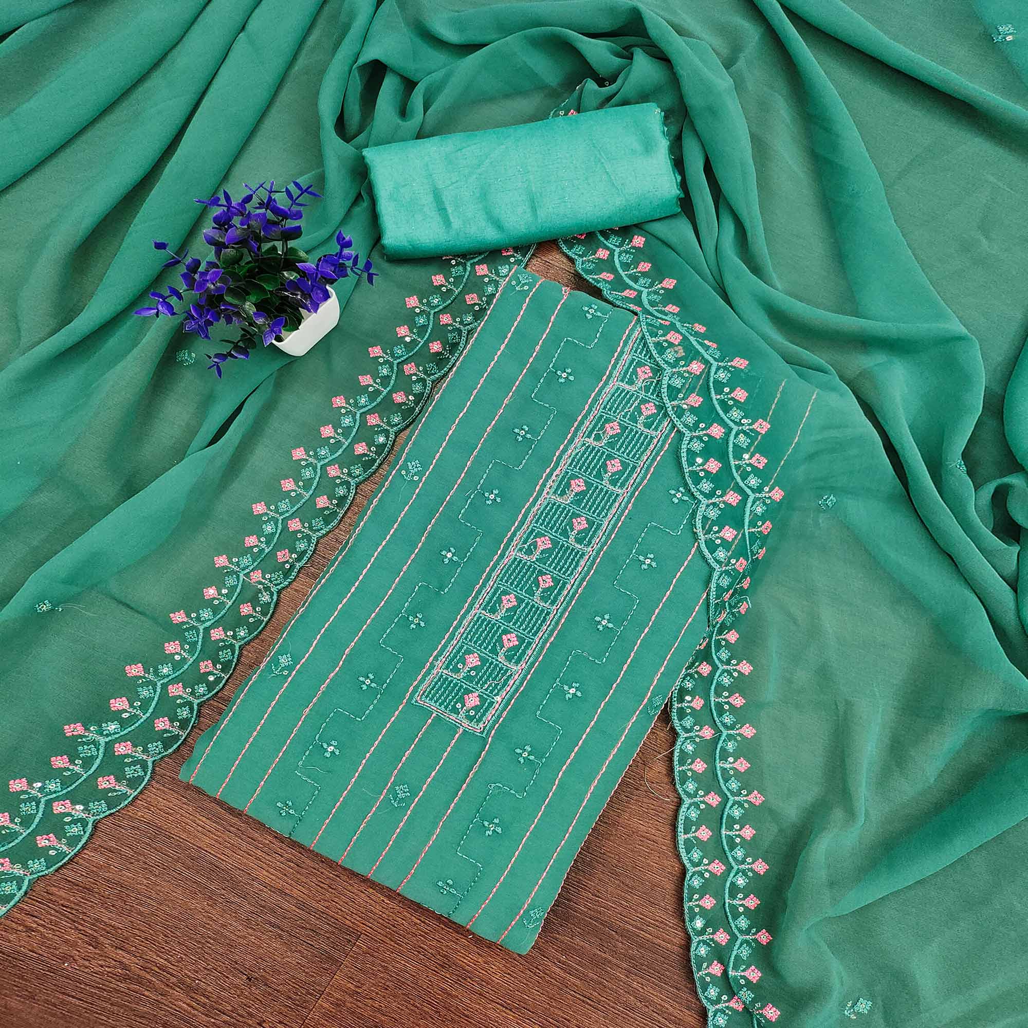 Rama Green Sequins Embroidered Georgette Dress Material