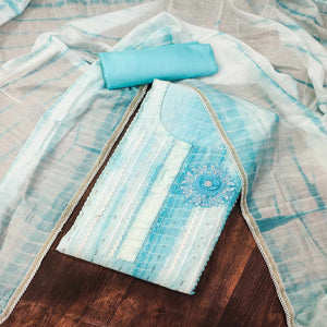 Blue Sequins Embroidered Chanderi Cotton Dress Material