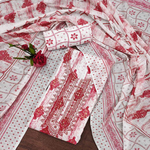 Gajari Pink Printed With Embroidered Cotton Blend Dress Material