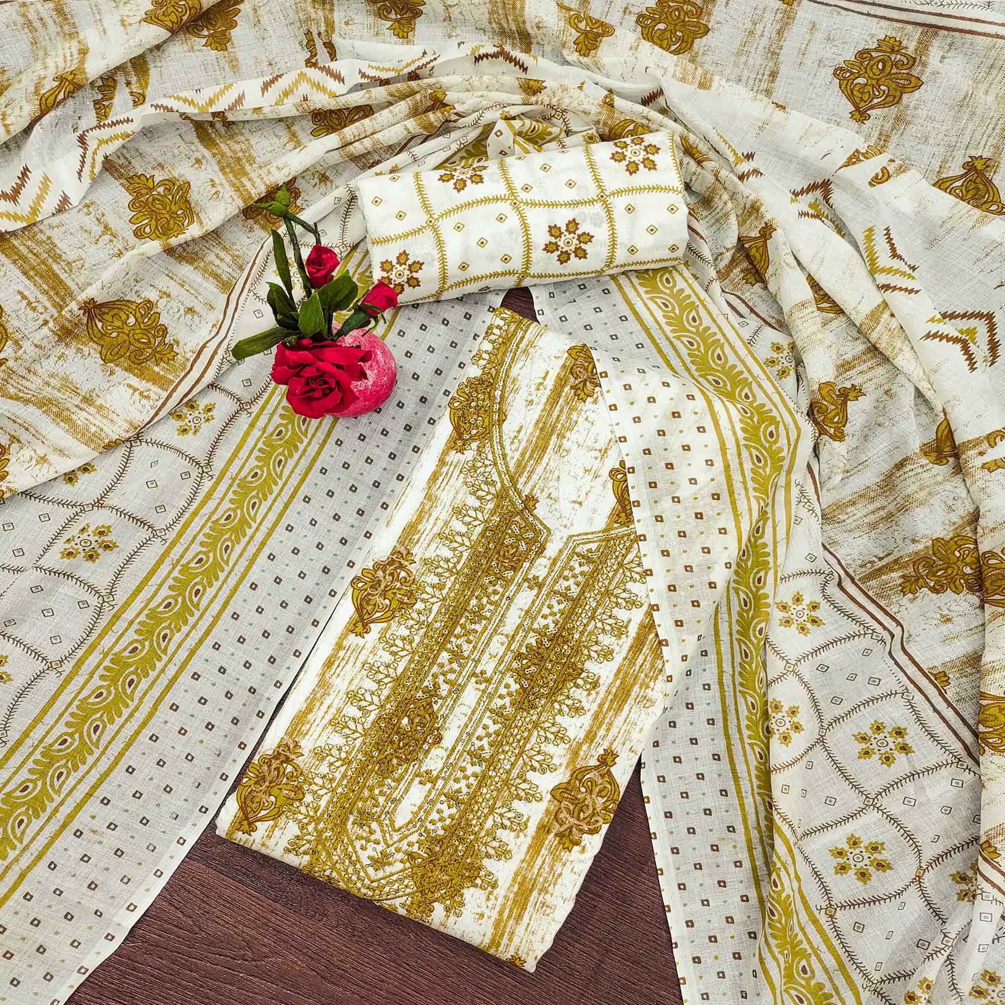 Olive Printed With Embroidered Cotton Blend Dress Material