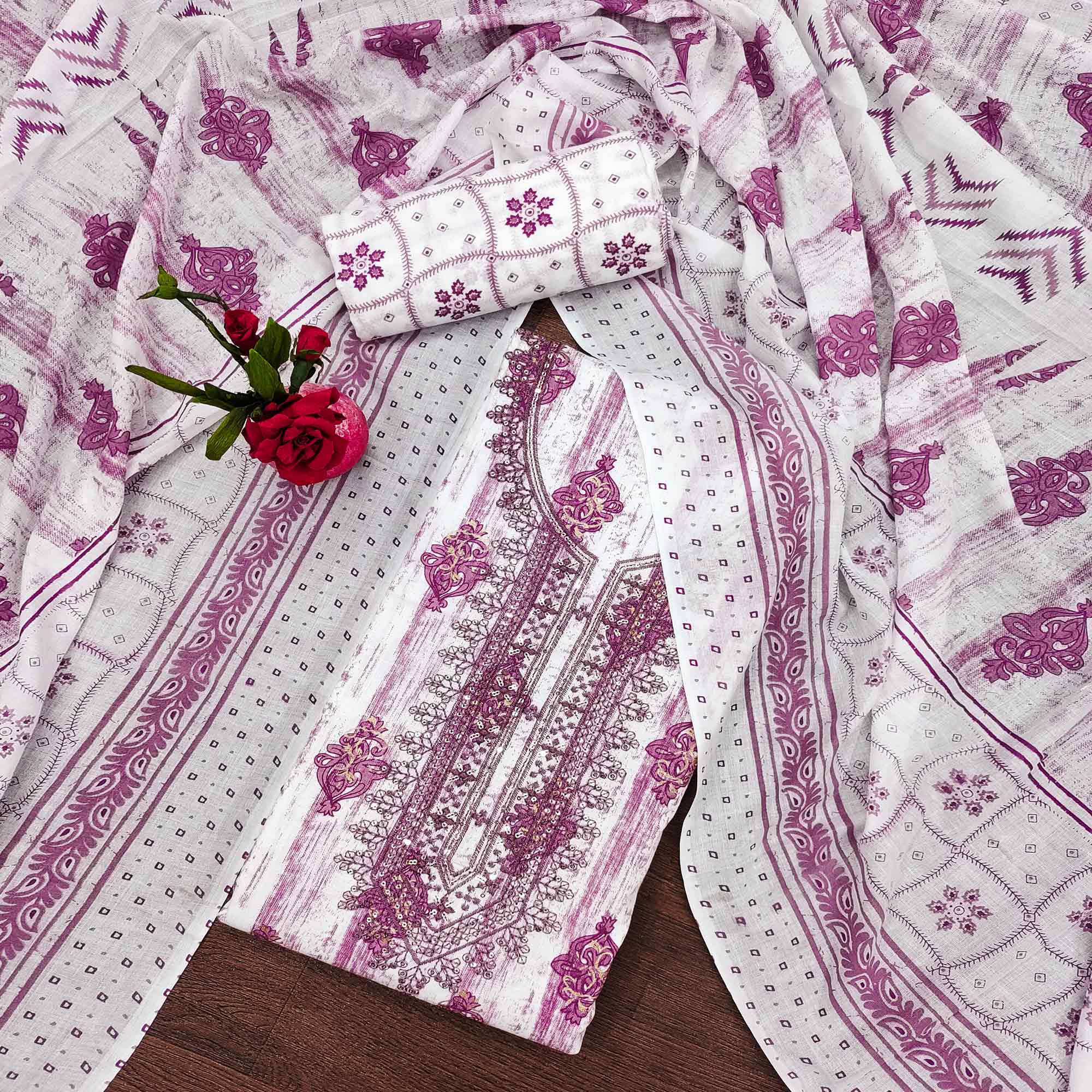 Purple Printed With Embroidered Cotton Blend Dress Material