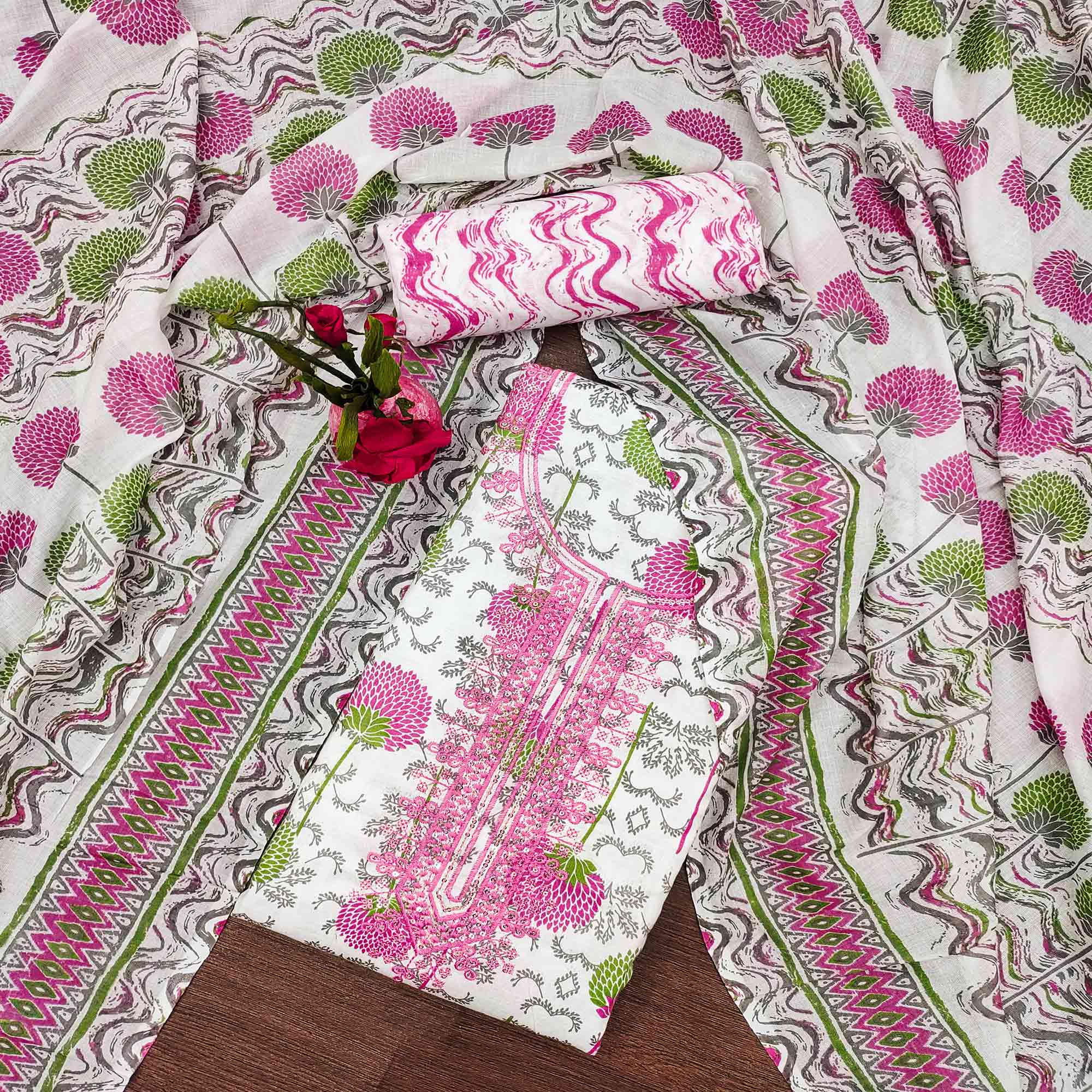 Pink & Green Floral Printed With Embroidered Cotton Blend Dress Material