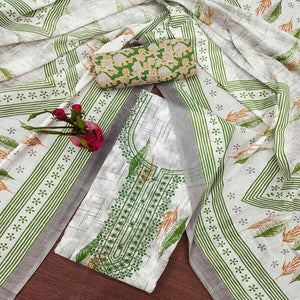 Green Floral Printed With Embroidered Cotton Blend Dress Material