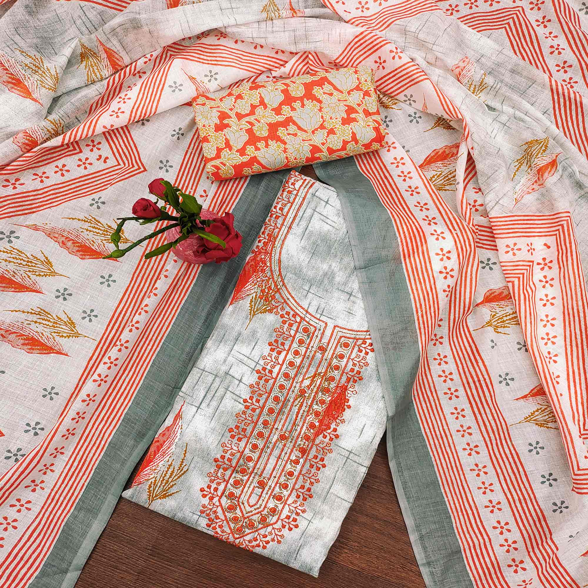 Orange Floral Printed With Embroidered Cotton Blend Dress Material