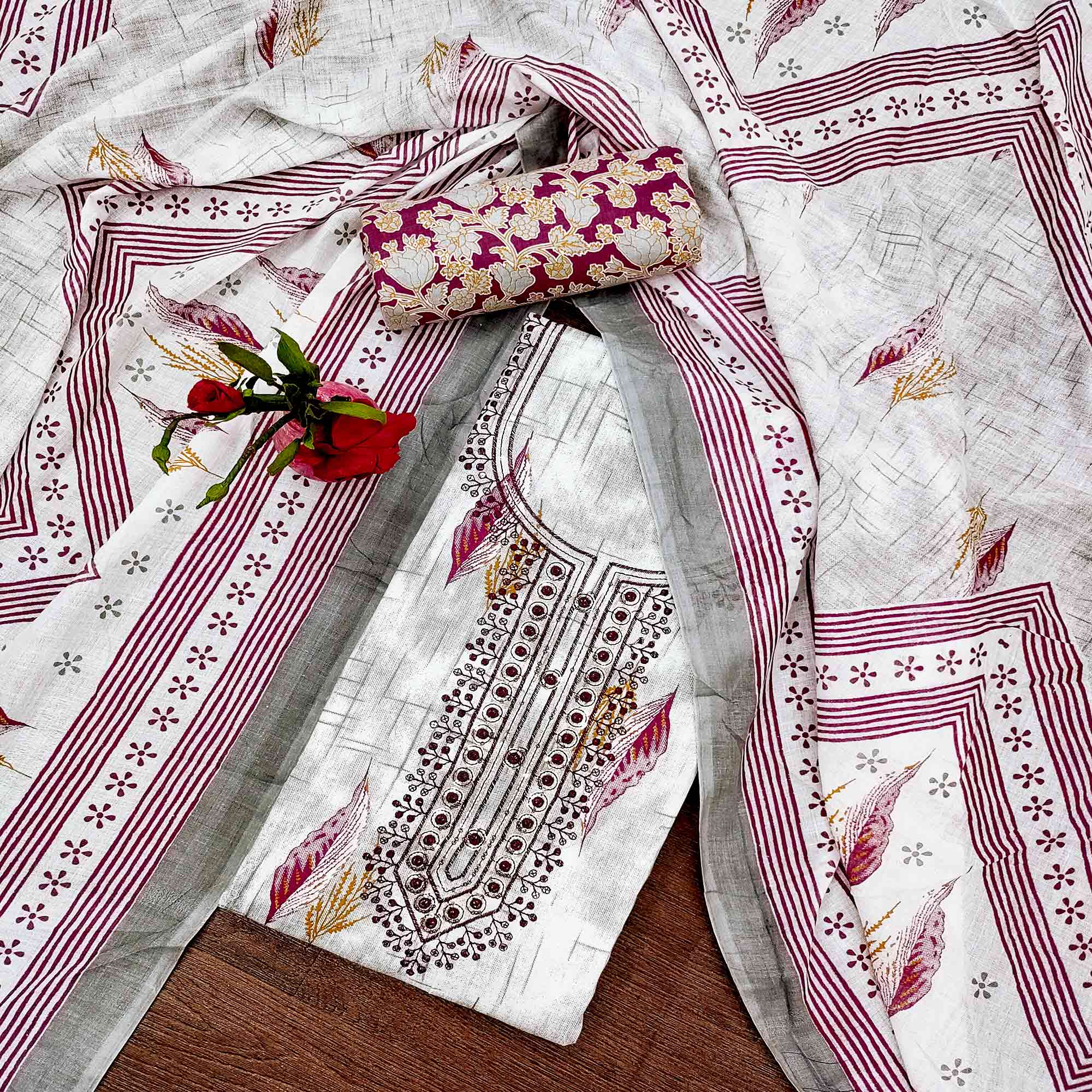 Purple Floral Printed With Embroidered Cotton Blend Dress Material