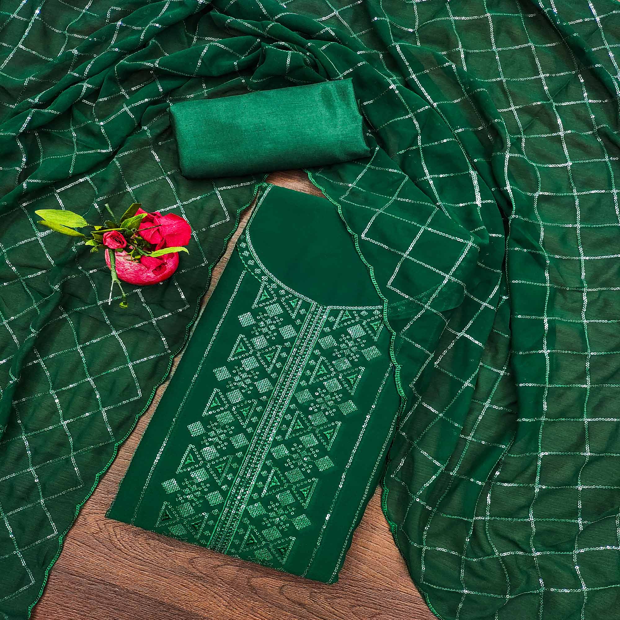Green Sequins Embroidered Georgette Dress Material