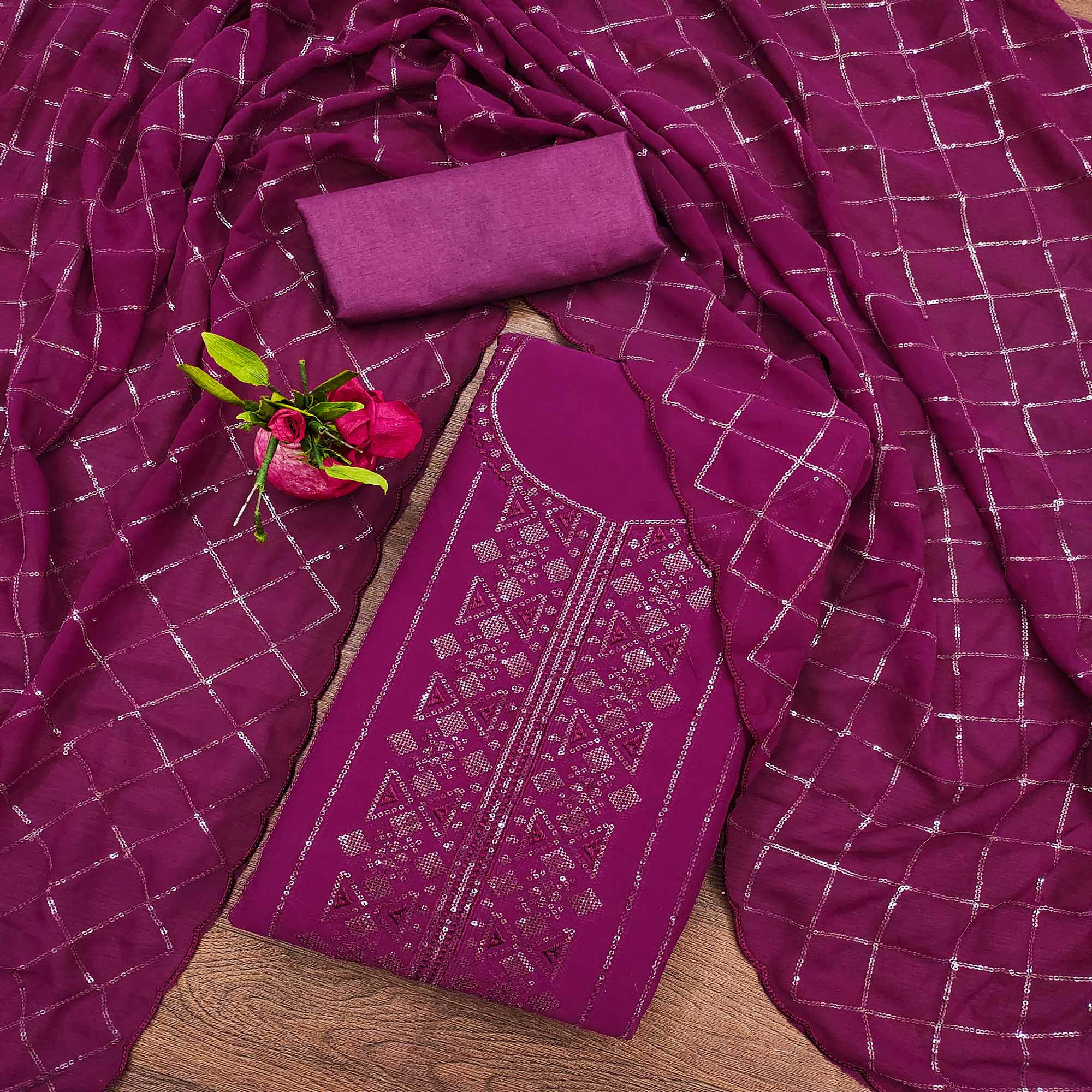 Purple Sequins Embroidered Georgette Dress Material