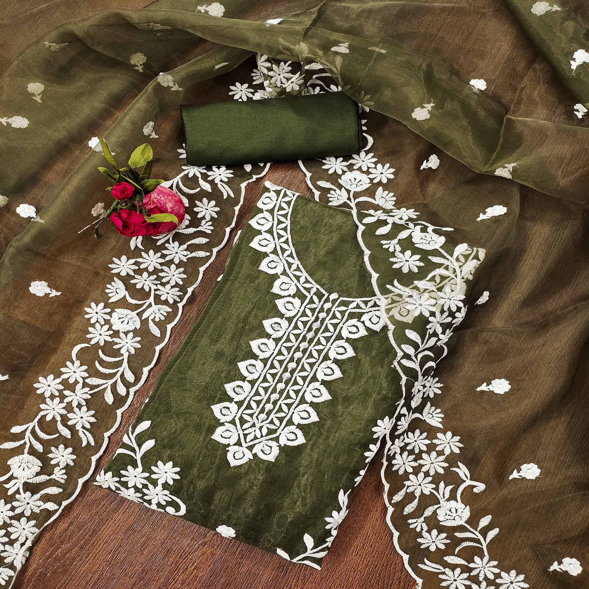 Mehendi Green Floral Embroidered Organza Dress Material