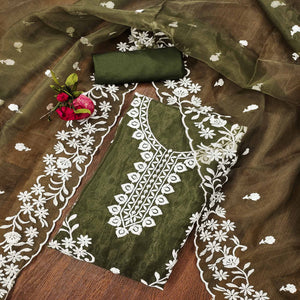 Mehendi Green Floral Embroidered Organza Dress Material