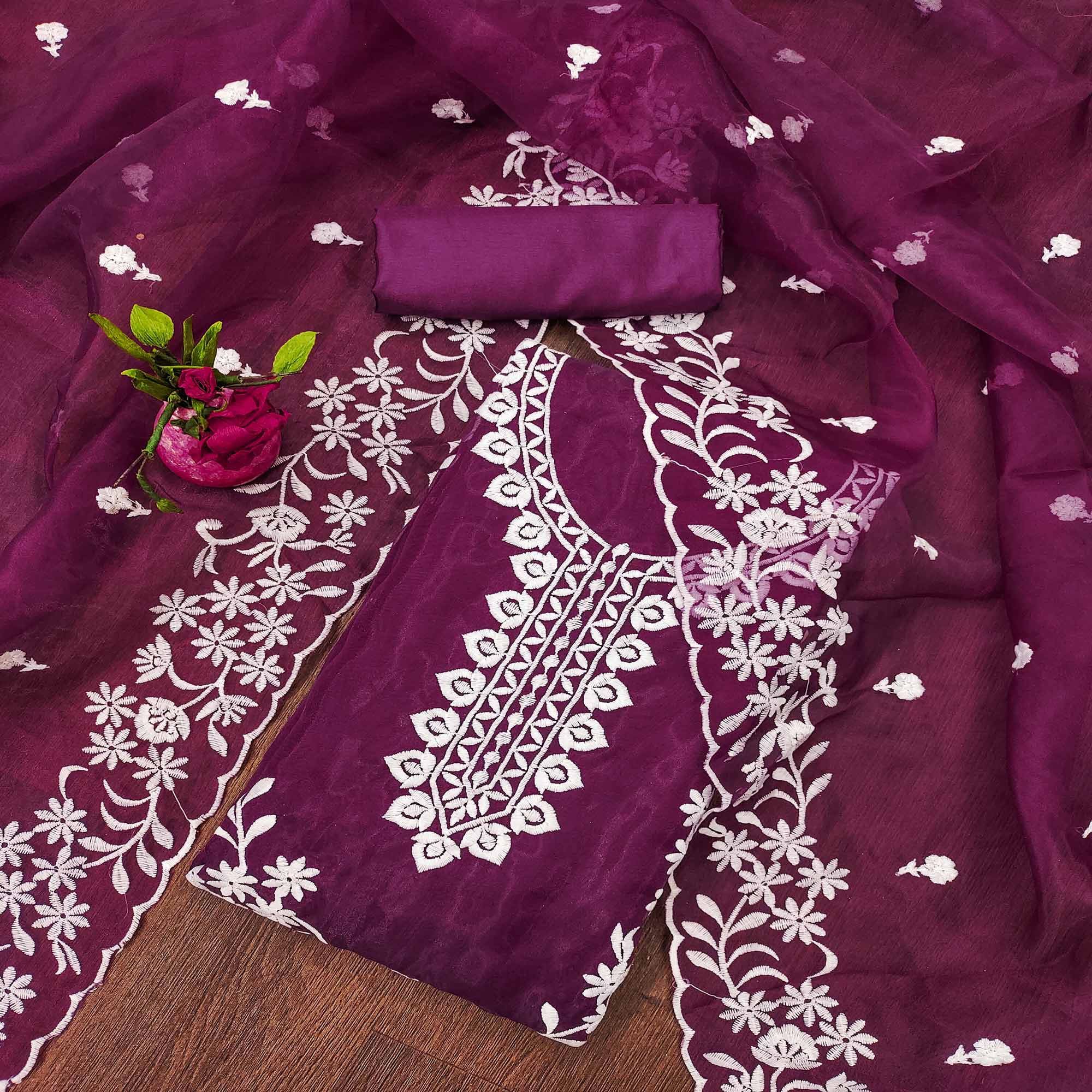 Purple Floral Embroidered Organza Dress Material