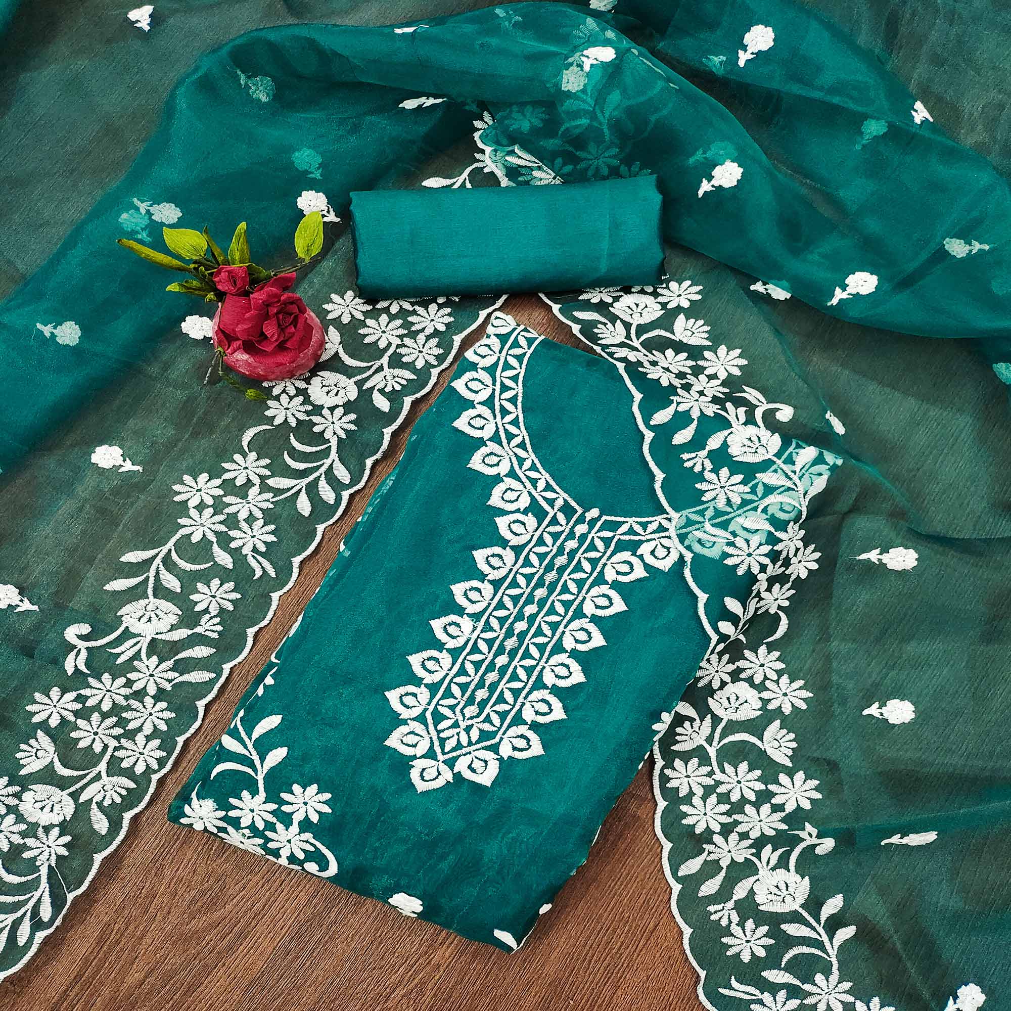 Teal Floral Embroidered Organza Dress Material