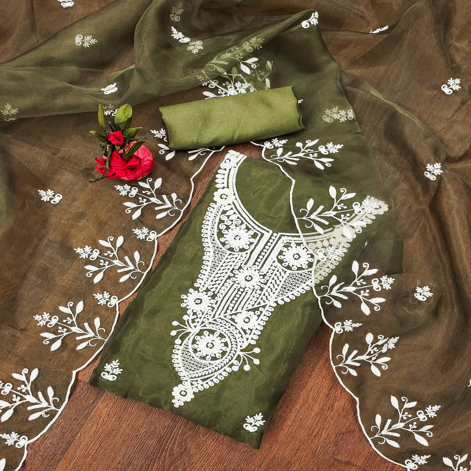 Mehendi Green Floral Embroidered Organza Dress Material