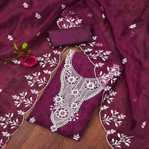 Purple Floral Embroidered Organza Dress Material