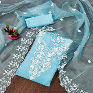 Blue Floral Embroidered Organza Dress Material