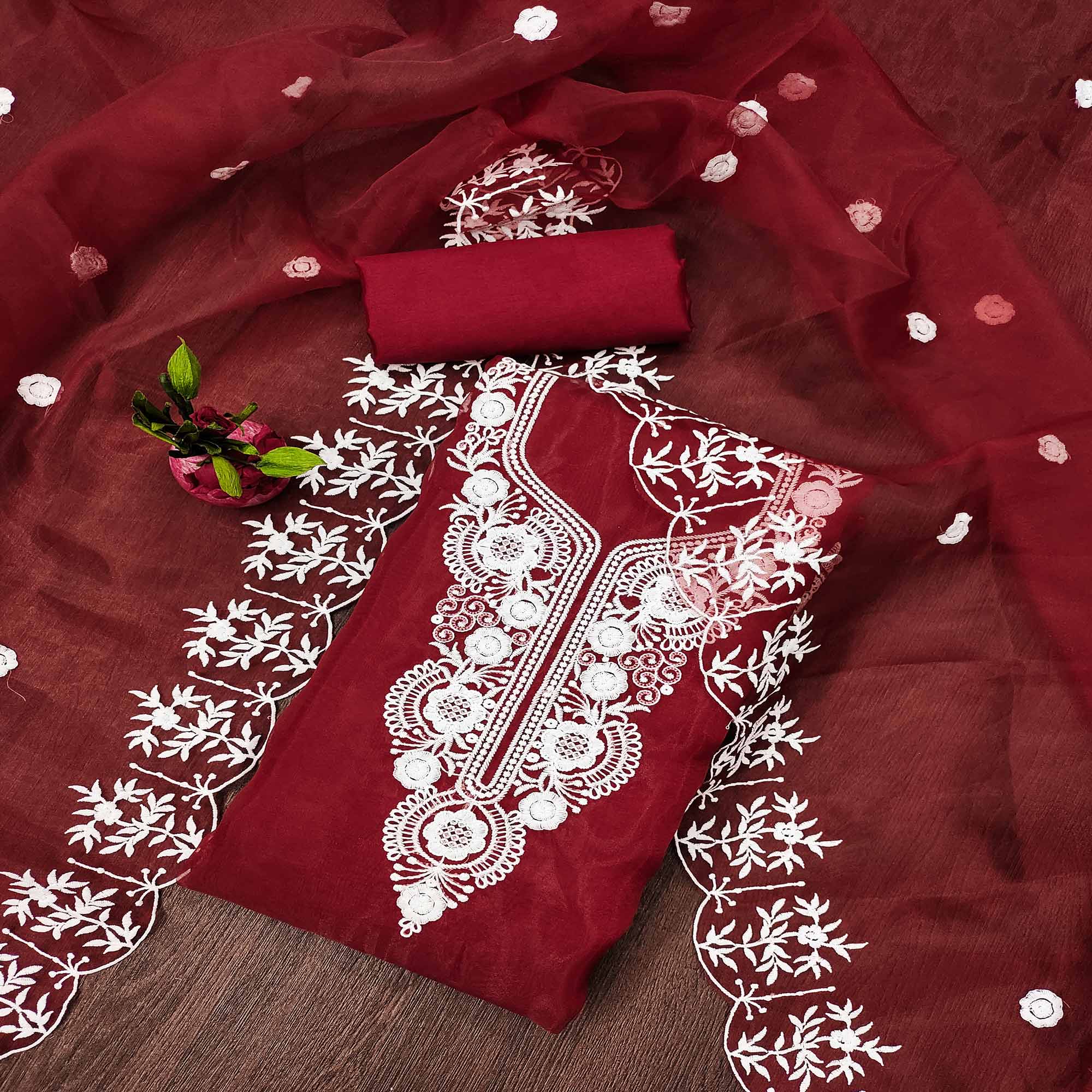 Maroon Floral Embroidered Organza Dress Material