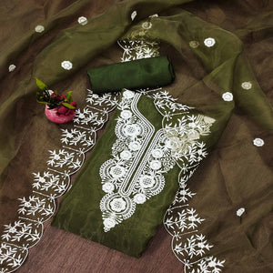 Mehendi Green Floral Embroidered Organza Dress Material