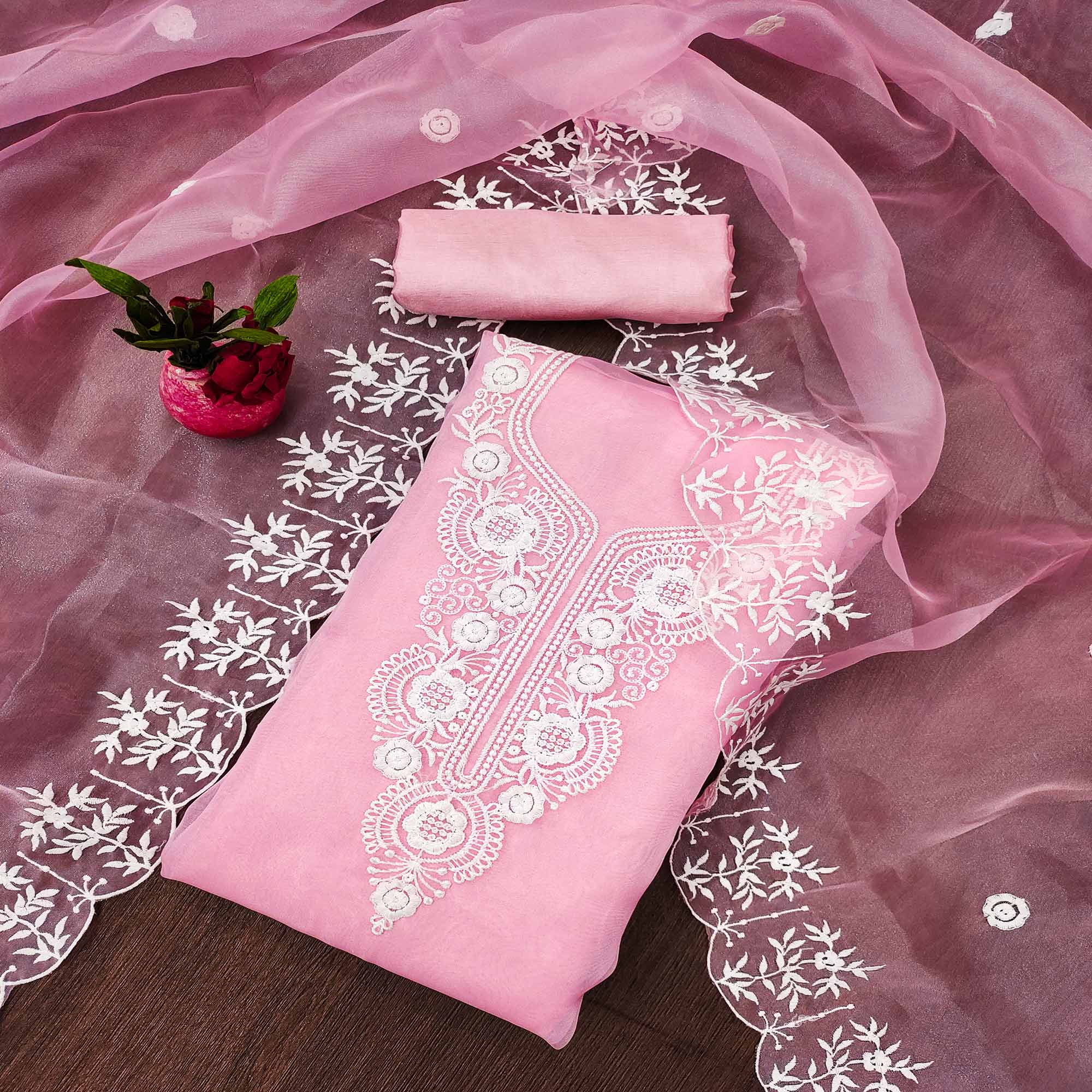 Pink Floral Embroidered Organza Dress Material