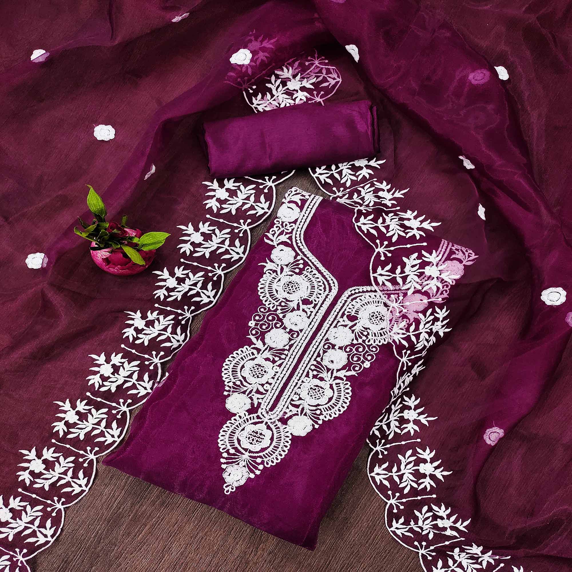 Purple Floral Embroidered Organza Dress Material