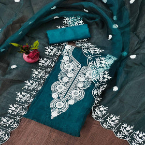 Teal Floral Embroidered Organza Dress Material