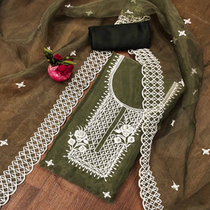 Mehandi Green Floral Embroidered Organza Dress Material
