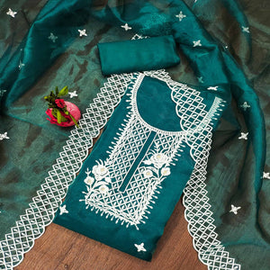 Teal Green Floral Embroidered Organza Dress Material