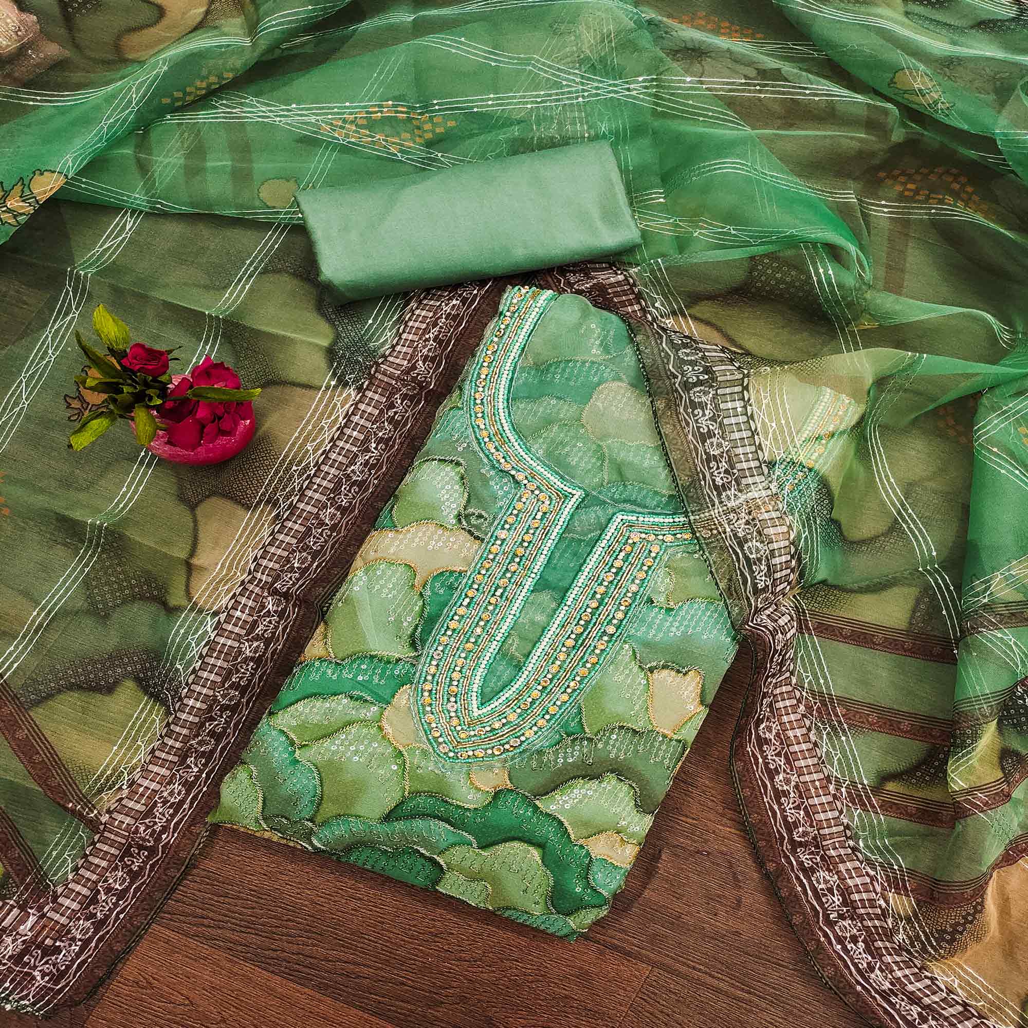 Green Sequins Embroidered Organza Dress Material