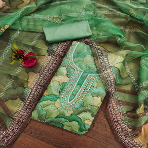 Green Sequins Embroidered Organza Dress Material