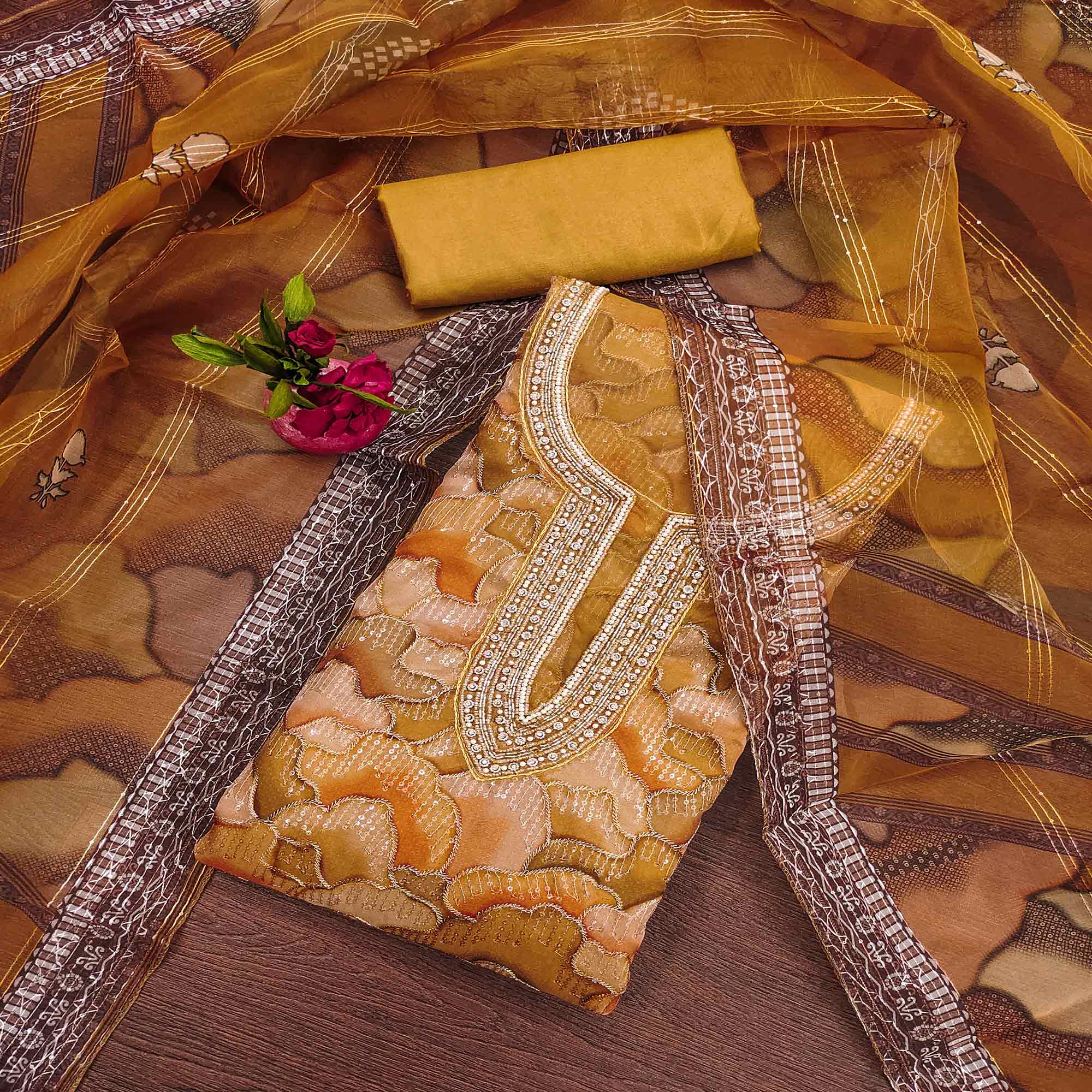 Mustard Sequins Embroidered Organza Dress Material