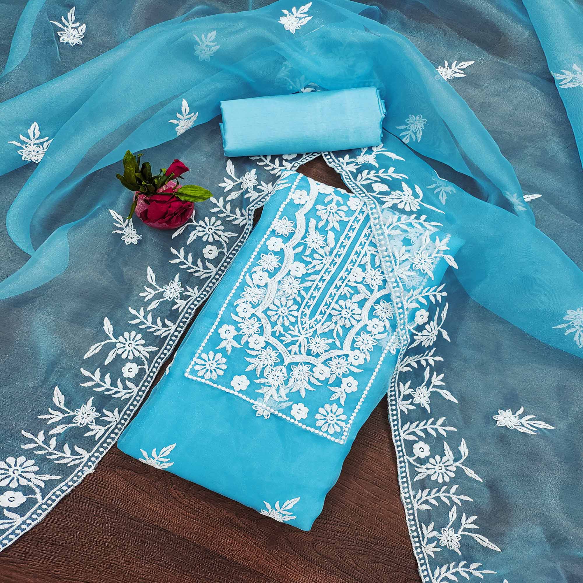 Blue Floral Embroidered Organza Dress Material