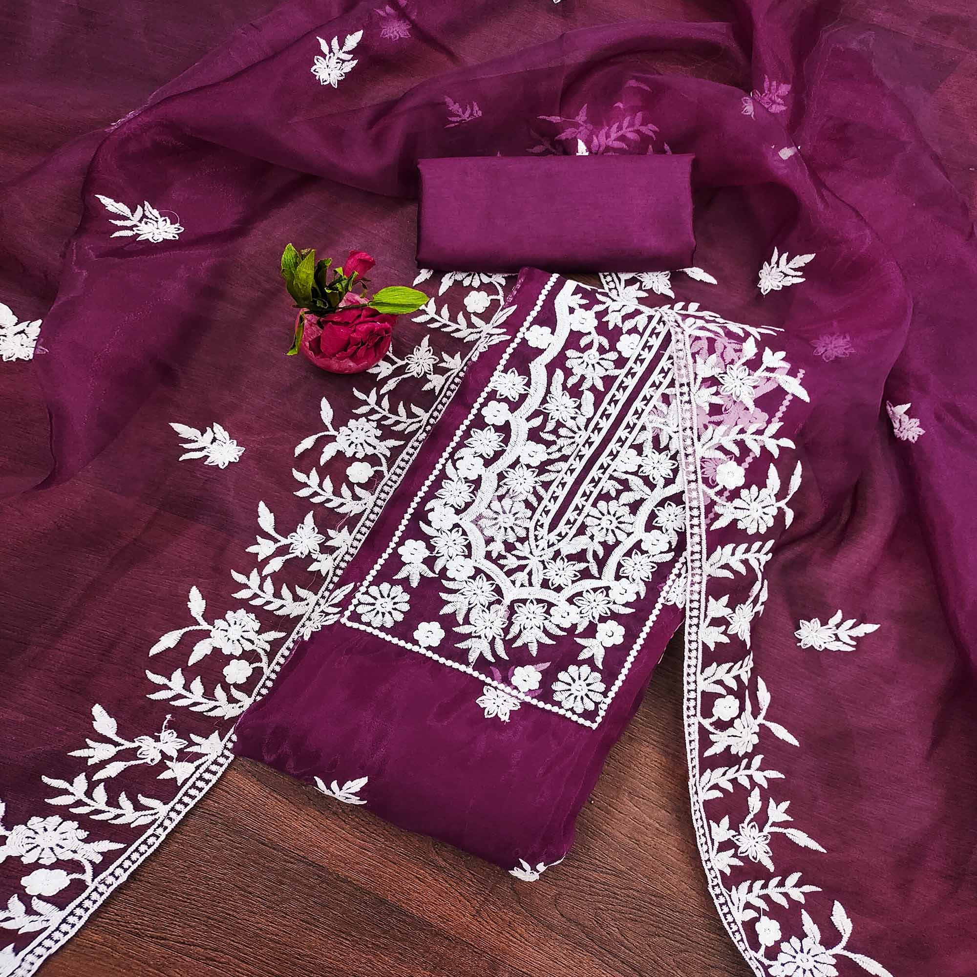 Purple Floral Embroidered Organza Dress Material