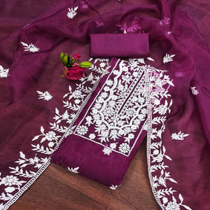 Purple Floral Embroidered Organza Dress Material