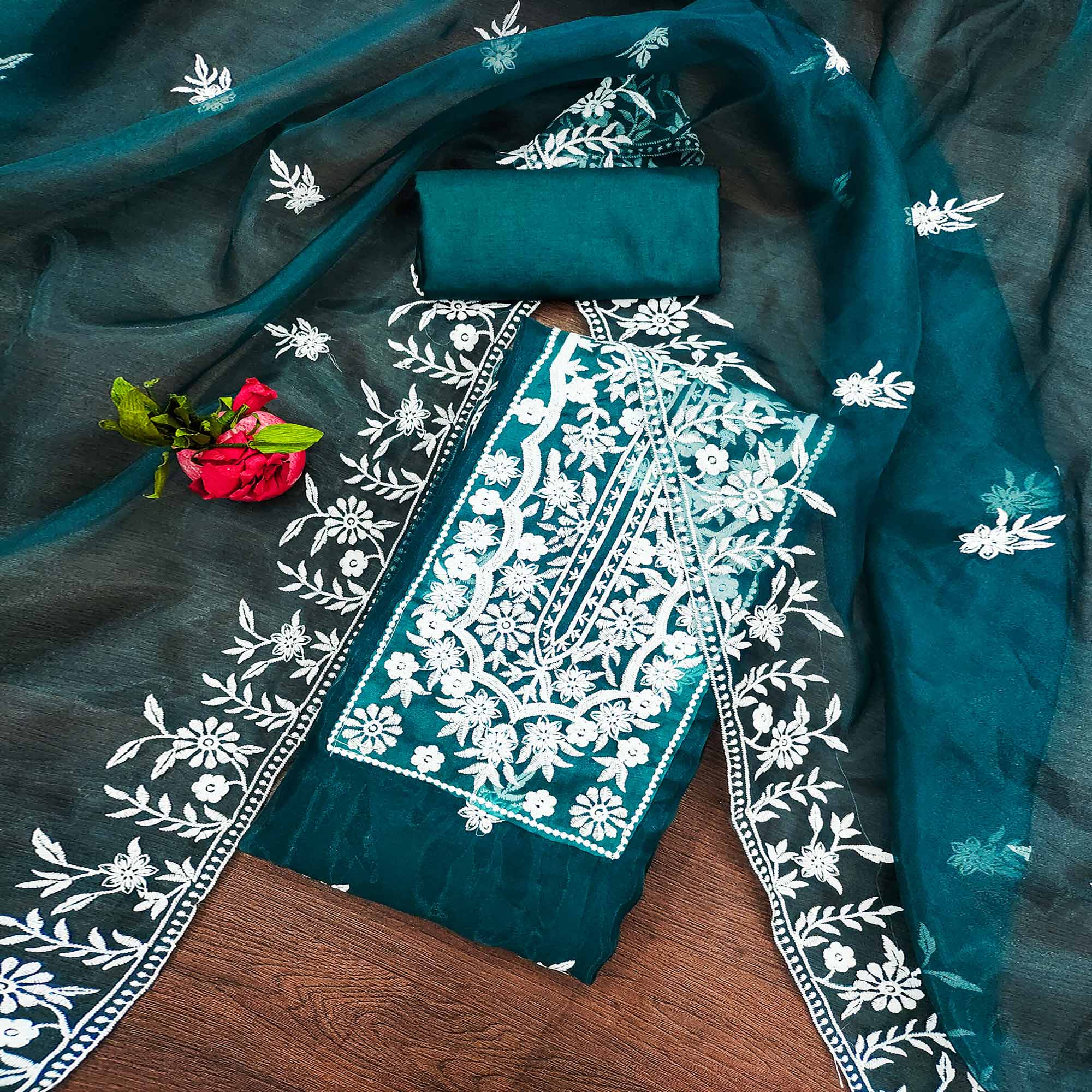 Teal Floral Embroidered Organza Dress Material