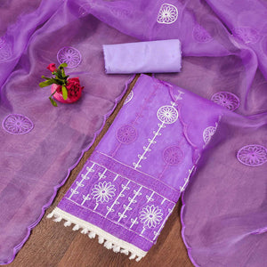 Purple Floral Embroidered Organza Dress Material
