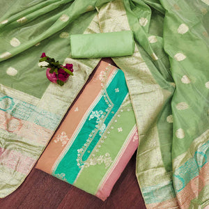 Green Floral Woven With Hand Embroidered Jacquard Dress Material