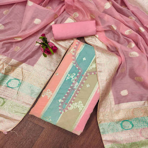 Pink Floral Woven With Hand Embroidered Jacquard Dress Material