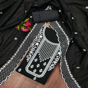 Black Floral Embroidered Chanderi Dress Material