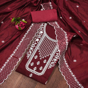 Maroon Floral Embroidered Chanderi Dress Material