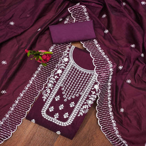 Purple Floral Embroidered Chanderi Dress Material