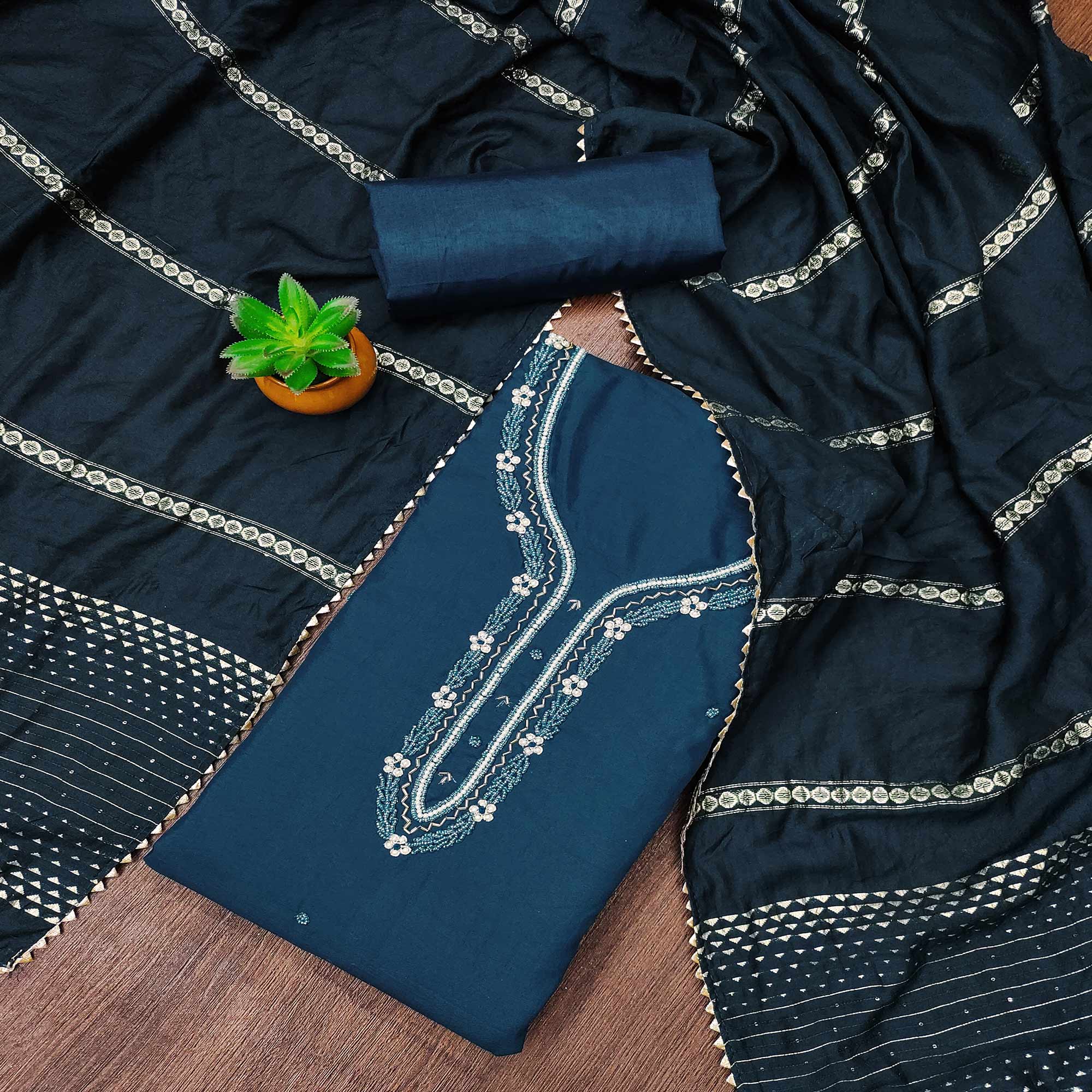 Blue Hand Embroidered Cotton Blend Dress Material