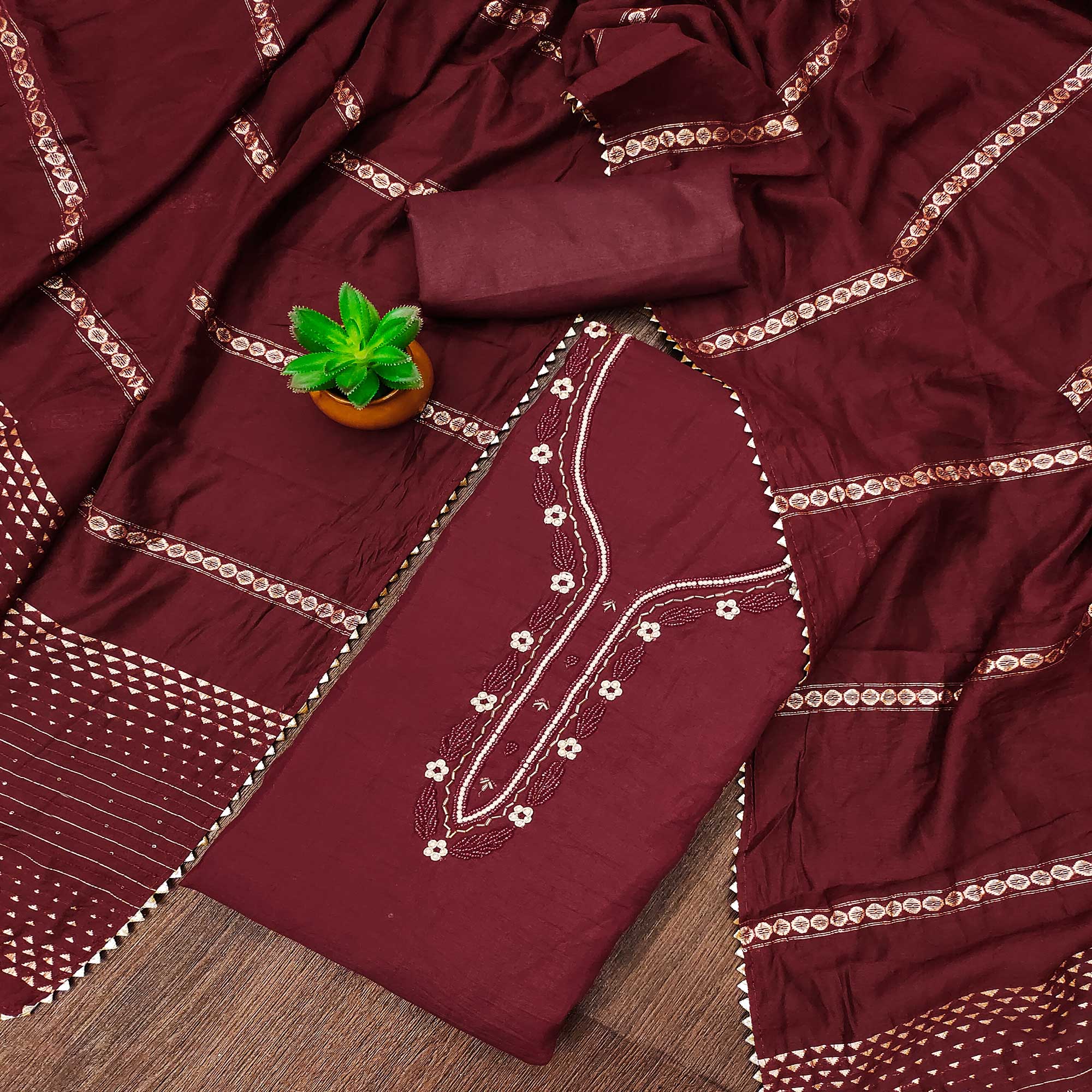 Maroon Hand Embroidered Cotton Blend Dress Material