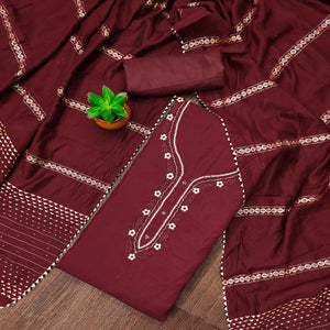 Maroon Hand Embroidered Cotton Blend Dress Material