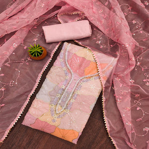 Pink Sequin Embroidery With Handwork Organza Dress Material