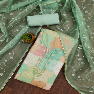 Sea Green Sequins Embroidery With Handwork Organza Dress Material