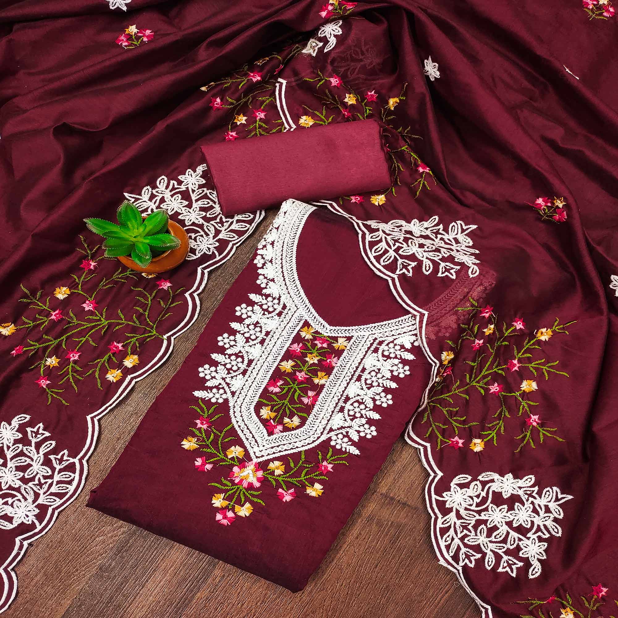 Maroon Floral Sequins Embroidered Chanderi Cotton Dress Material