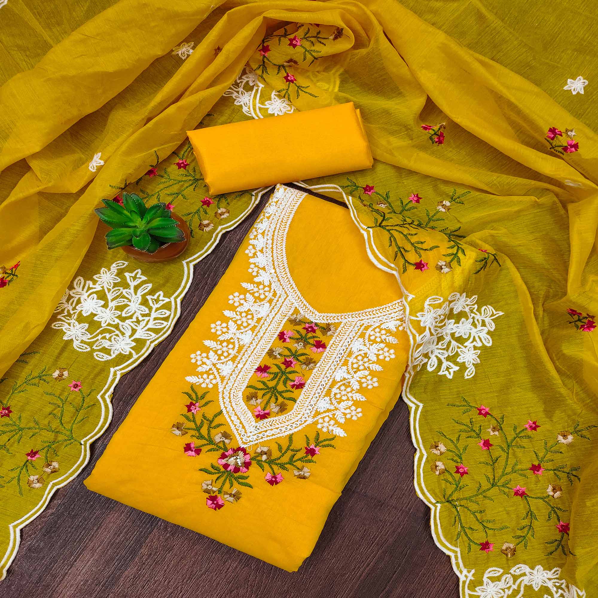 Mustard Floral Sequins Embroidered Chanderi Cotton Dress Material