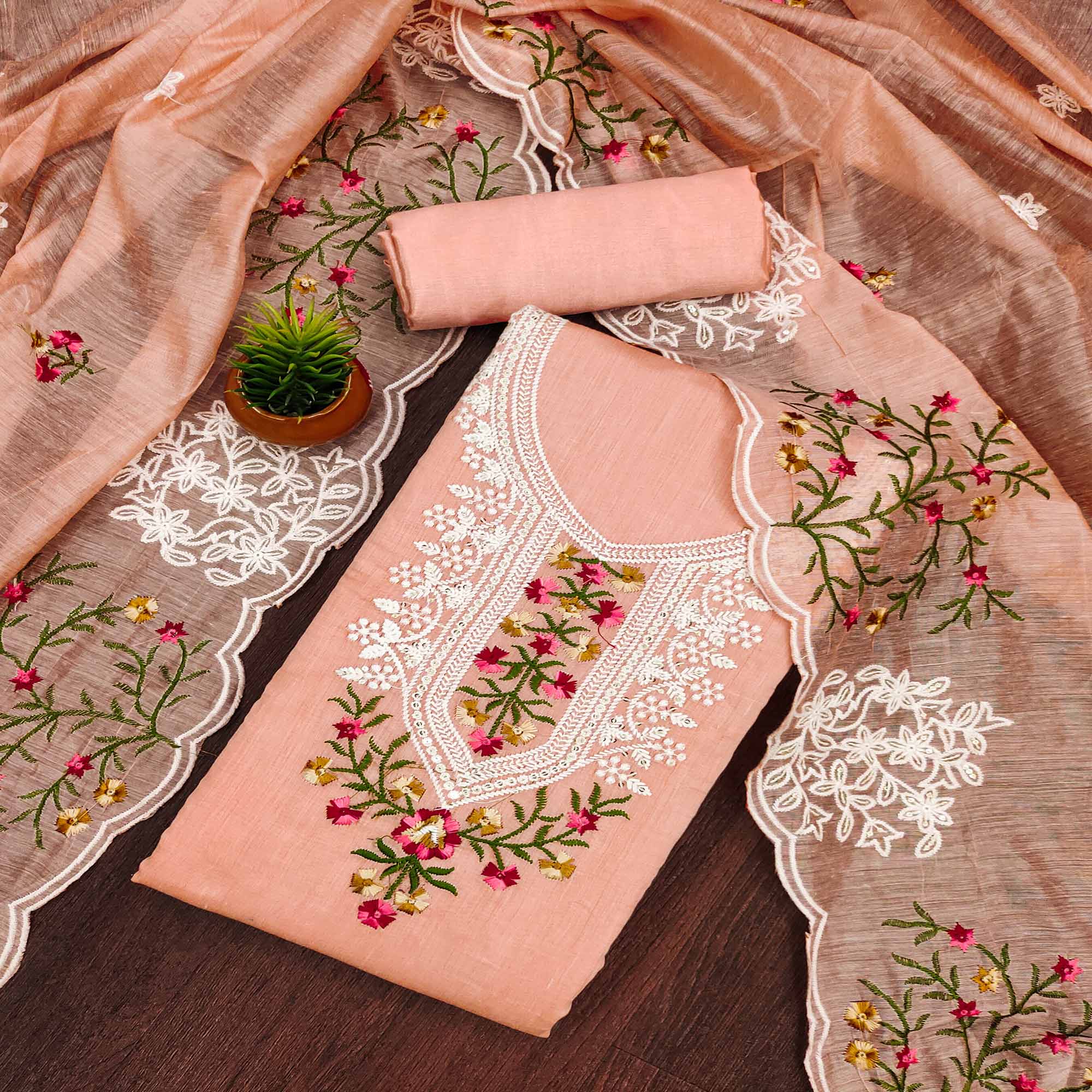Peach Chanderi Cotton Dress Material With Elegant Floral Sequin Embroidery